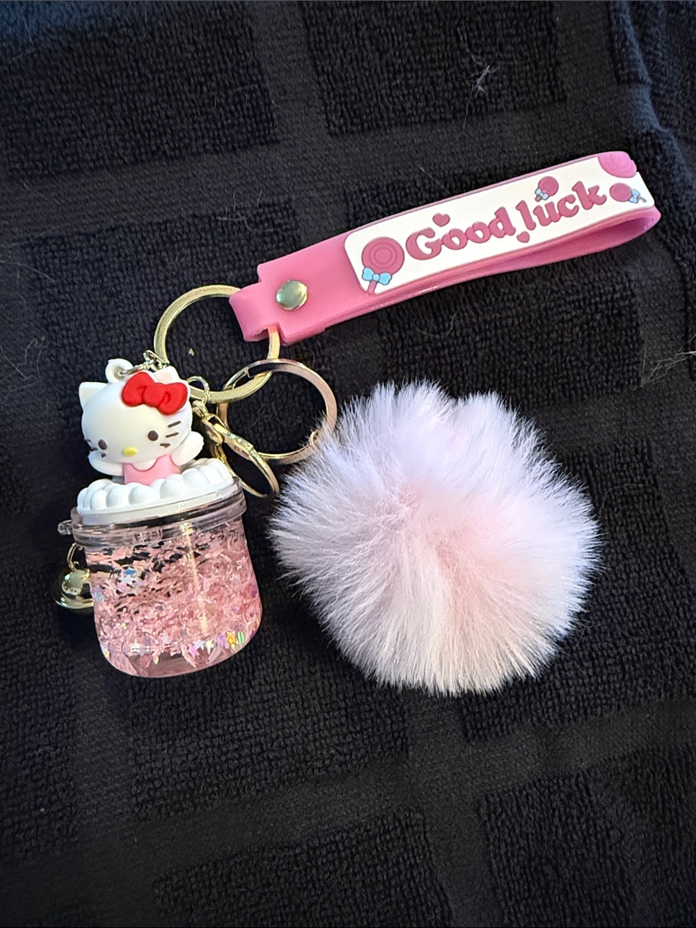 Hello Kitty Pink 'Good Luck' Keychain with Pom Pom and Glitter Jar